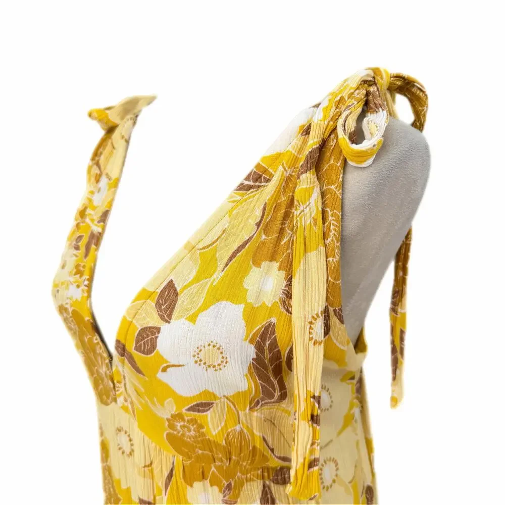 Abercrombie & Fitch Bright Yellow Crepe Tie Shoulder V-neck Flowing Maxi Dress